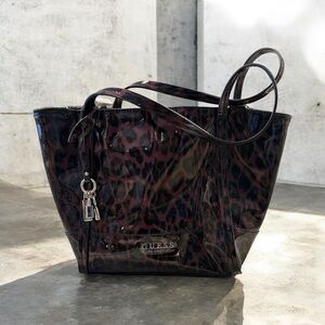Guess Shiny Leopard Print Tote - Black & Purple